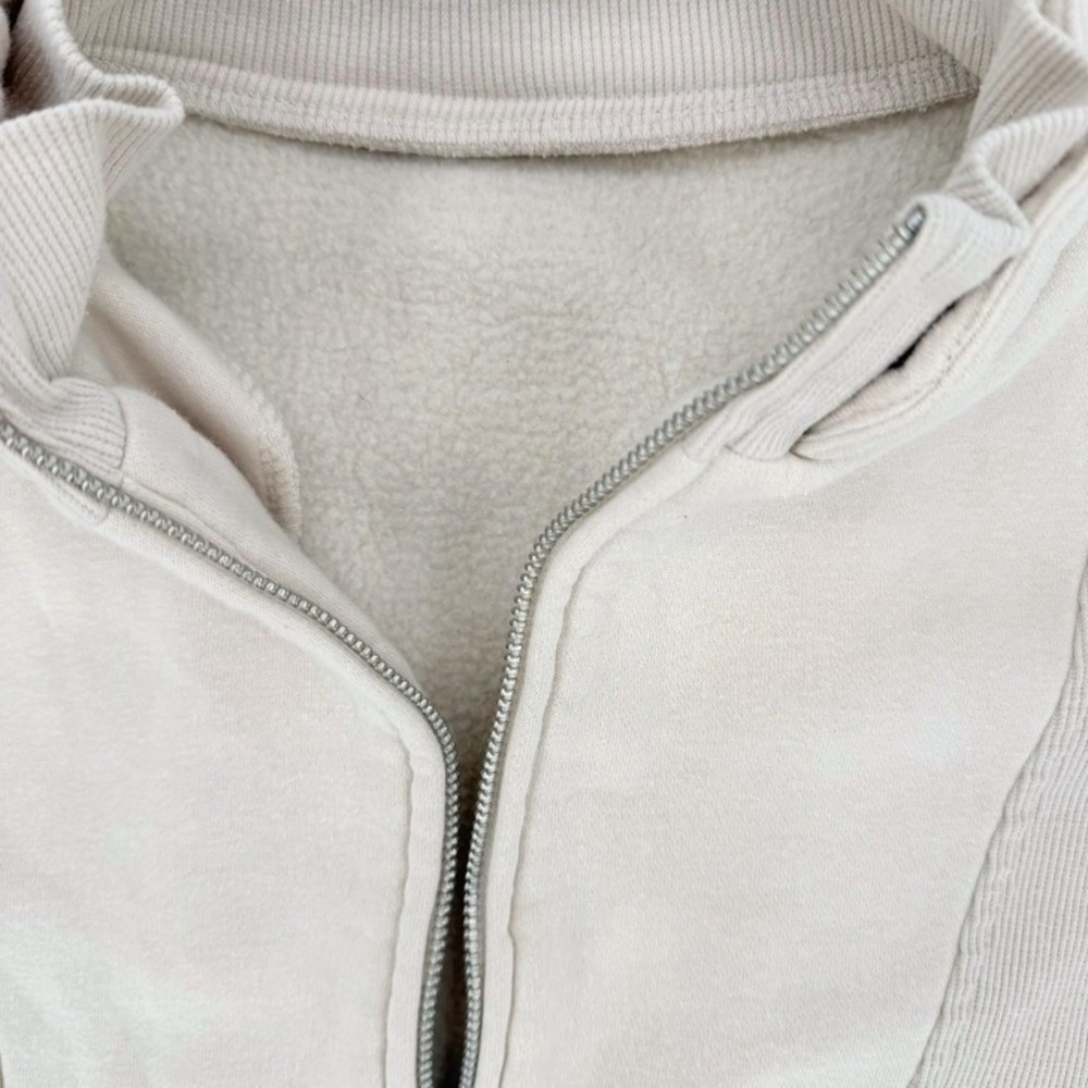 Quarter Zip Paneled Fleece Sweatshirt Mock Neck Oversized Beige Cream Women - Picture 7 of 11
